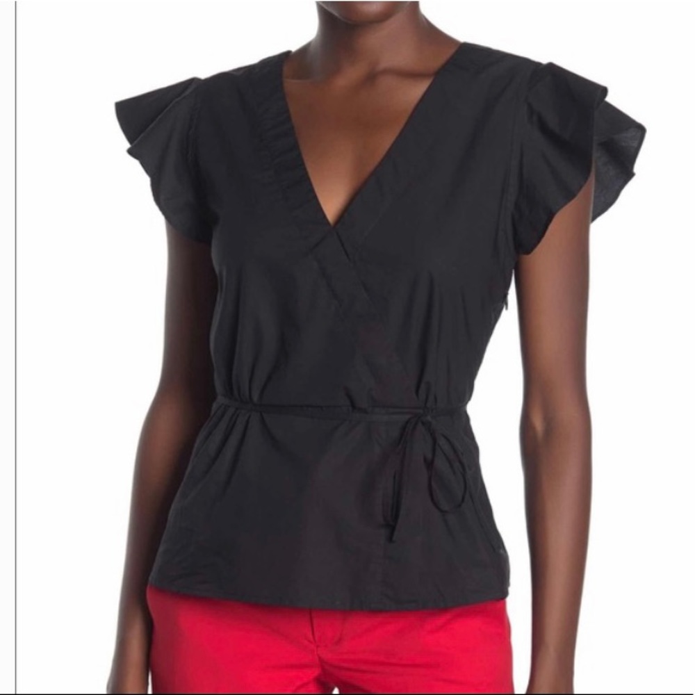J. Crew Poplin Flutter Sleeve Wrap Top in Black 4P
